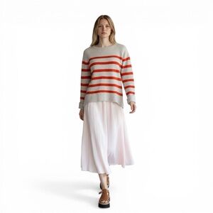 🔴Velvet by Graham & Spencer Cashmere Sweater M Beige Red Stripe Lightweight Knit